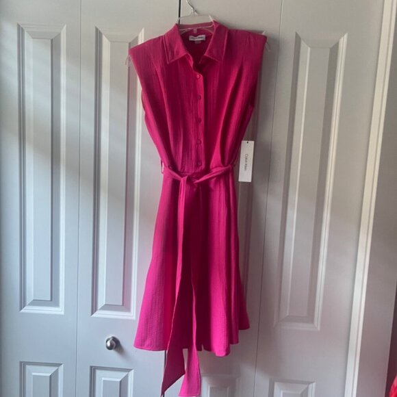 Calvin Klein Dresses & Skirts - NWT Calvin Klein Sleeveless Collared A-line Belted Dress, Barbie Pink, Size 4